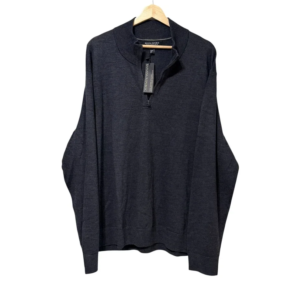 Banana Republic Mens XXL Italian Merino Wool Quarter Zip Sweater Charcoal Gray